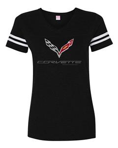 Corvette C7 Logo Striped Football-Style T-Shirt Black LADIES 3X-LARGE
