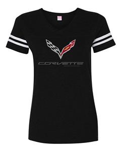 Corvette C7 Logo Striped Football-Style T-Shirt Black LADIES SMALL