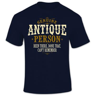 Genuine Antique Person Vintage Lettering T-Shirt Navy Blue SMALL - Click Image to Close