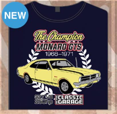 Monaro GTS The Champion 1968-1971 - Classic Garage T-Shirt Navy Blue LARGE - Click Image to Close
