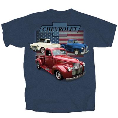 Chevrolet Vintage Trucks Flag T-Shirt Blue LARGE - Click Image to Close