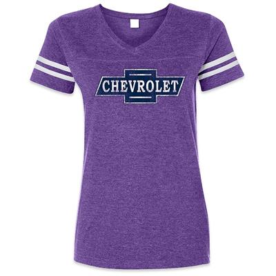 Chevrolet Bowtie Striped Football-Style T-Shirt Purple LADIES MEDIUM - Click Image to Close
