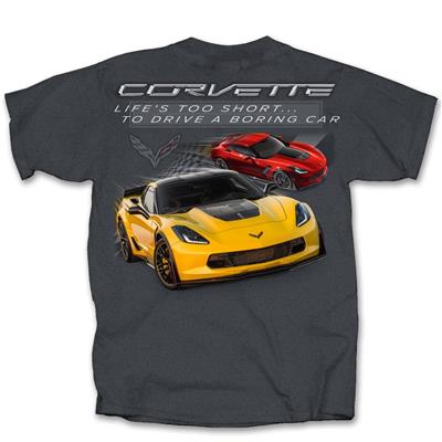 Corvette Lifes Too Short T-Shirt Charcoal Grey SMALL - Click Image to Close