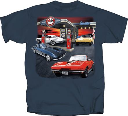 Corvette C2 Gas Station T-Shirt Blue LARGE DISCONTINUED - Click Image to Close