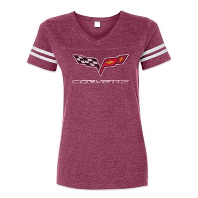 Corvette Logo Striped Football-Style T-Shirt Burgundy LADIES SMALL - Click Image to Close