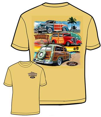 Ford Three Woodies T-Shirt Gold LARGE - Click Image to Close