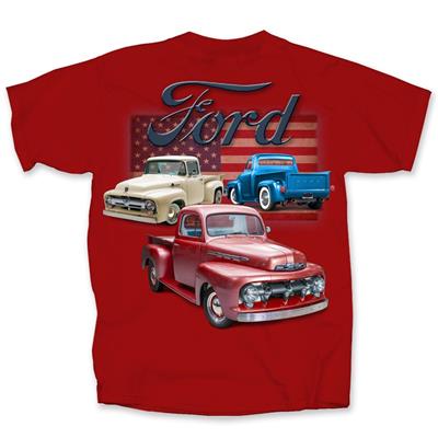 Ford Antique Trucks Flag T-Shirt Red LARGE - Click Image to Close