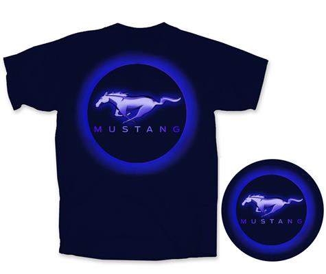 Ford Mustang Circle Glow Pony Logo T-Shirt Navy Blue MEDIUM - Click Image to Close
