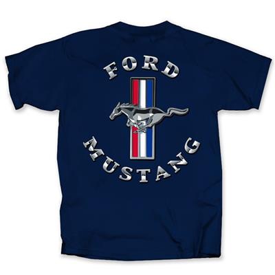 Mustang Chrome Tribar Logo T-Shirt Navy Blue LARGE - Click Image to Close