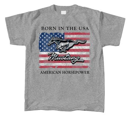 Ford Mustang Born In The USA Flag T-Shirt Grey LARGE DISCONTINUED - Click Image to Close