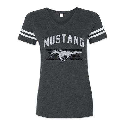 Mustang Pony Striped Football-Style T-Shirt Grey LADIES MEDIUM - Click Image to Close
