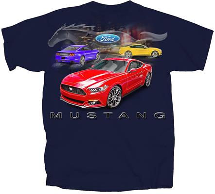 Mustang 2015 - 3 Mustangs Clear Pony T-Shirt Navy Blue 2X-LARGE DISCONTINUED - Click Image to Close