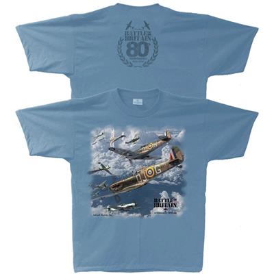 Battle Of Britain Spitfire 80th Anniversary T-Shirt Blue LARGE - Click Image to Close