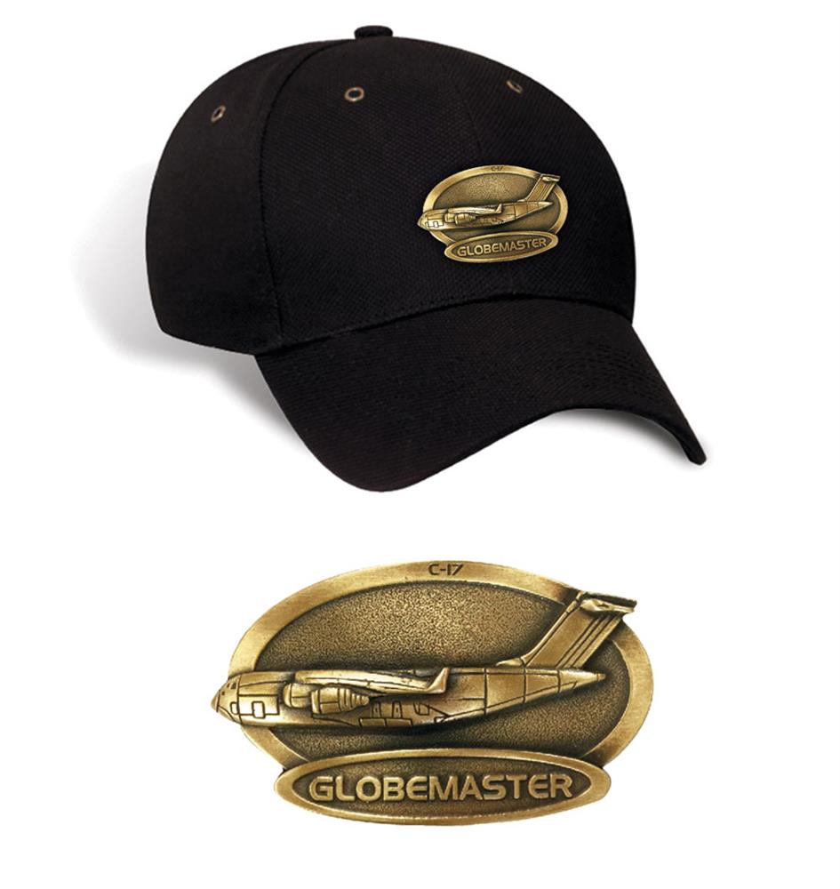 C-17 Globemaster Brass Badge Cap Black - Click Image to Close