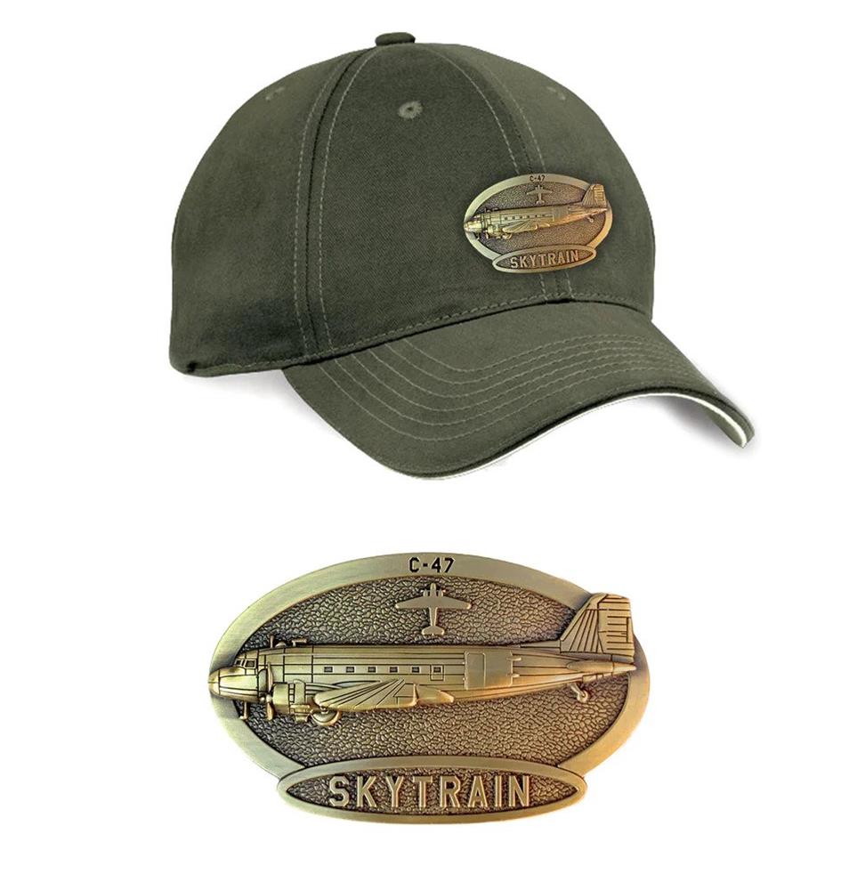 C-47 Skytrain Brass Badge Cap Khaki Green - Click Image to Close