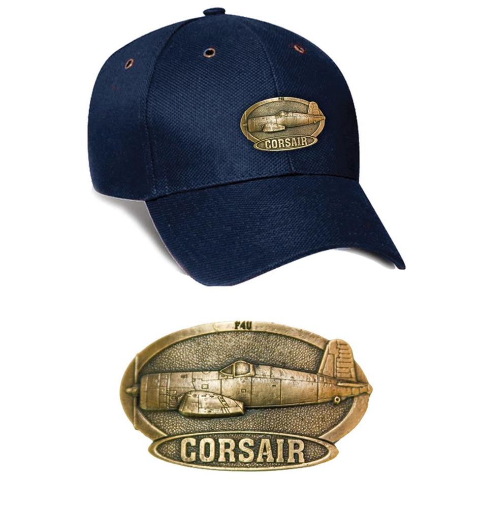 F-4U Corsair Brass Badge Cap Navy Blue - Click Image to Close