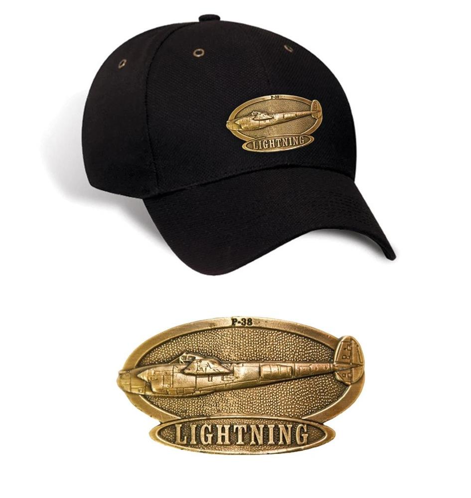 P-38 Lightning Brass Badge Cap Black - Click Image to Close