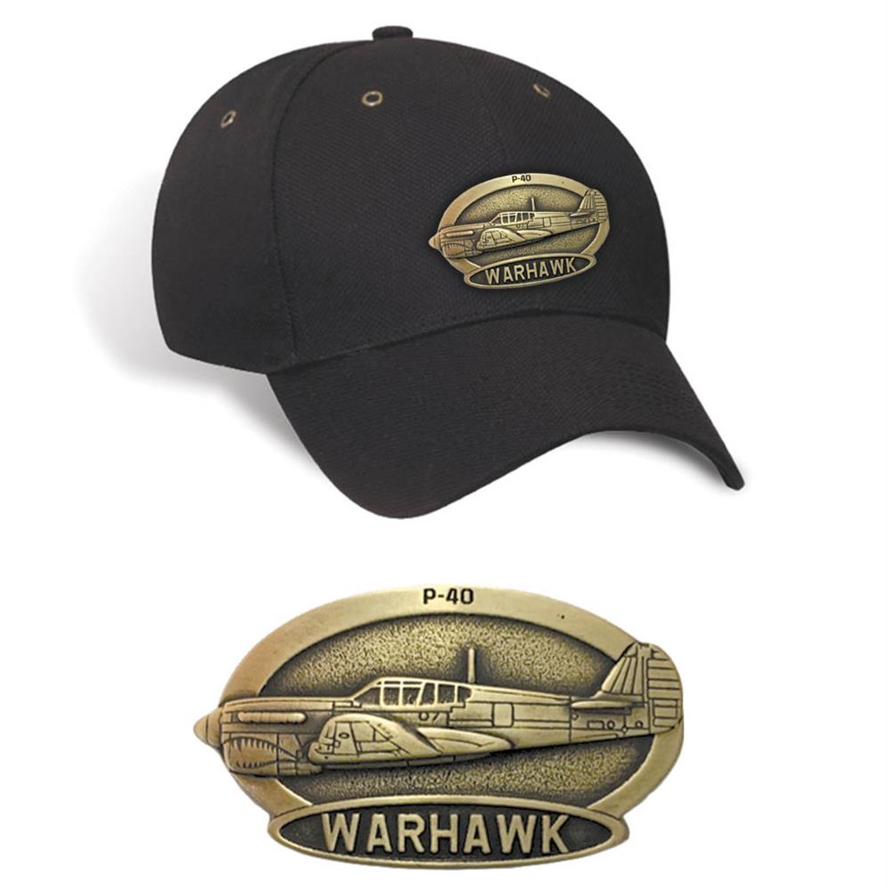 P-40 Warhawk Brass Badge Cap Black - Click Image to Close