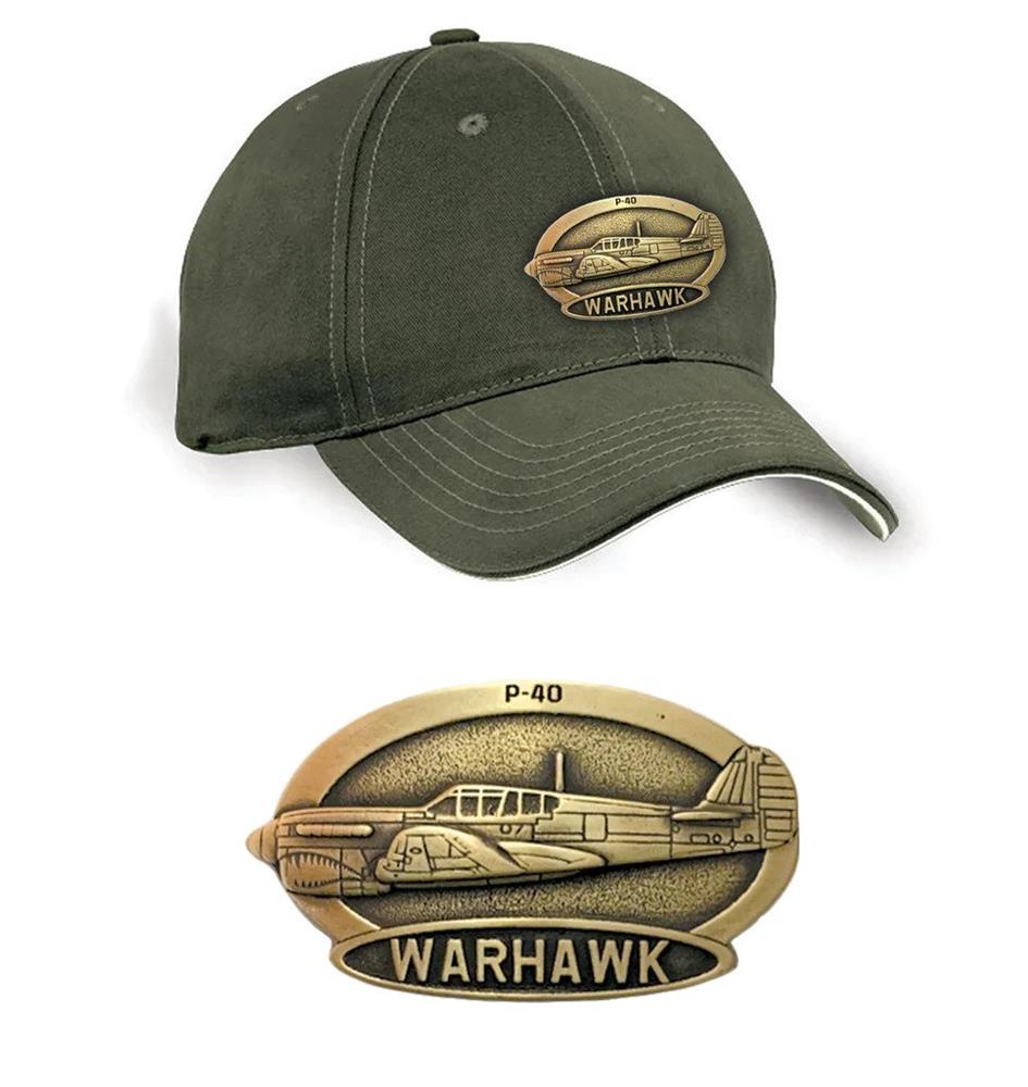 P-40 Warhawk Brass Badge Cap Khaki Green - Click Image to Close