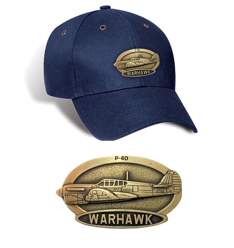 P-40 Warhawk Brass Badge Cap Navy Blue - Click Image to Close