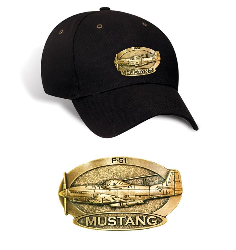 P-51 Mustang Brass Badge Cap Black - Click Image to Close