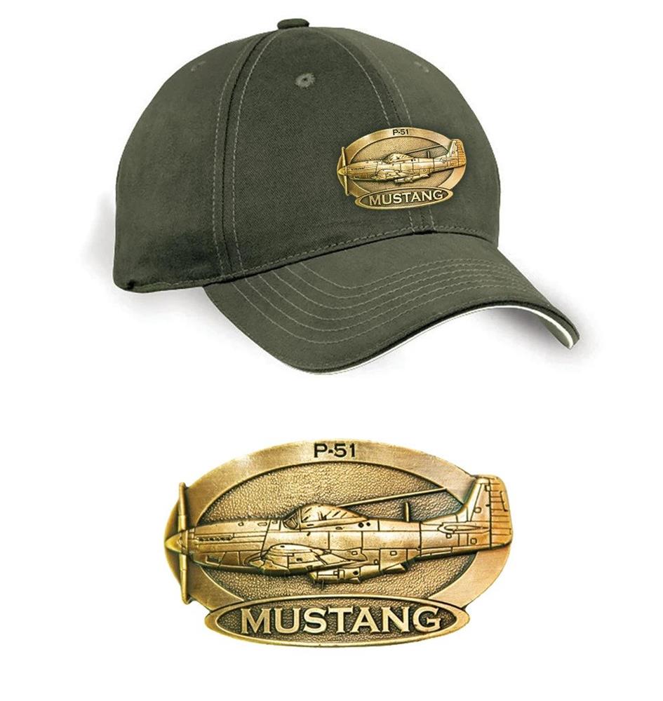 P-51 Mustang Brass Badge Cap Khaki Green - Click Image to Close