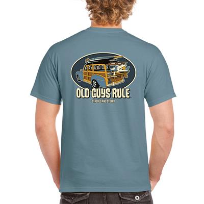 Old Guys Rule - Stacked And Stoked Woodie T-Shirt Blue LARGE - Click Image to Close