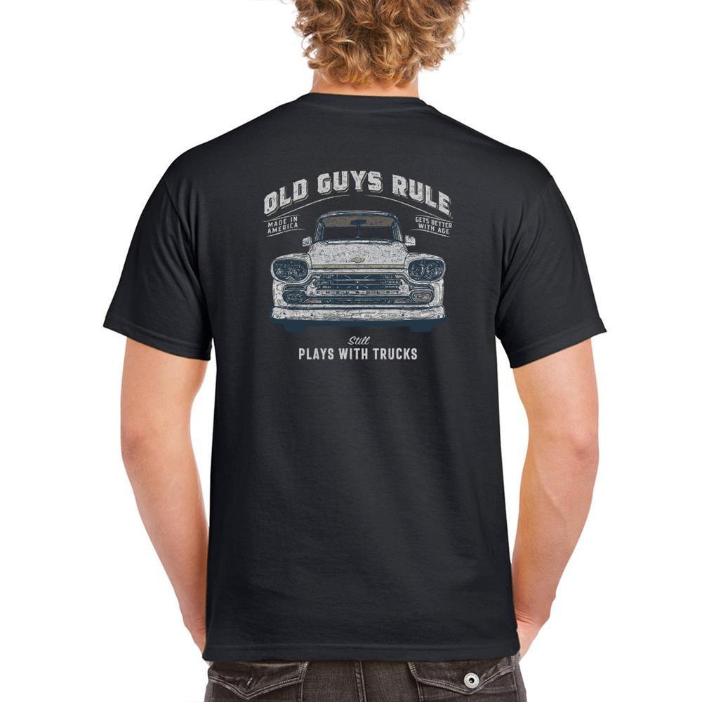 Old Guys Rule - Still Plays With Trucks Chevy T-Shirt Black LARGE - Click Image to Close