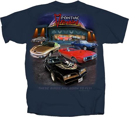 Pontiac Firebird Showroom T-Shirt Blue MEDIUM - Click Image to Close