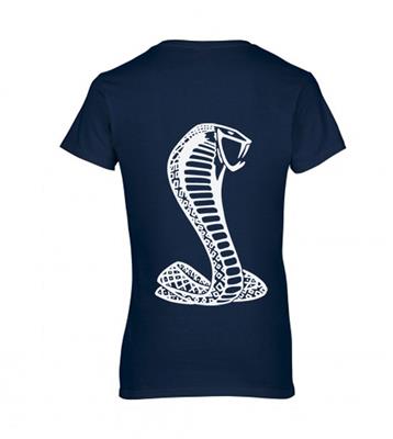 Shelby Cobra White Snake Logo T-Shirt Navy Blue LADIES SMALL - Click Image to Close