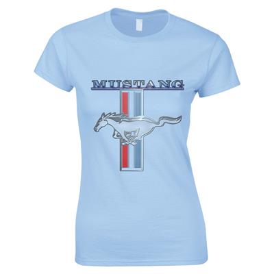 Mustang Pony Badge T-Shirt Light Blue LADIES LARGE - Click Image to Close