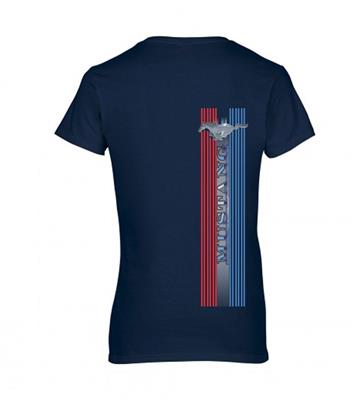 Mustang Pony & Stripes T-Shirt Navy Blue LADIES 2X-LARGE - Click Image to Close