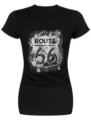 Route 66 Sign With Bullet Holes T-Shirt Black LADIES 2X-LARGE - Click Image to Close