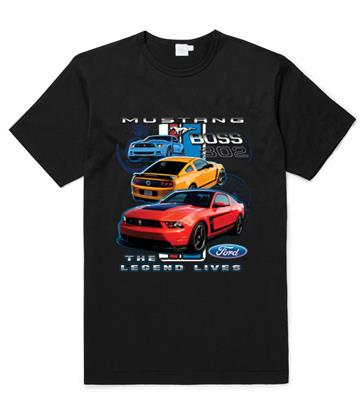 Mustang Boss 302 The Legend Lives T-Shirt Black 2X-LARGE FADED - Click Image to Close