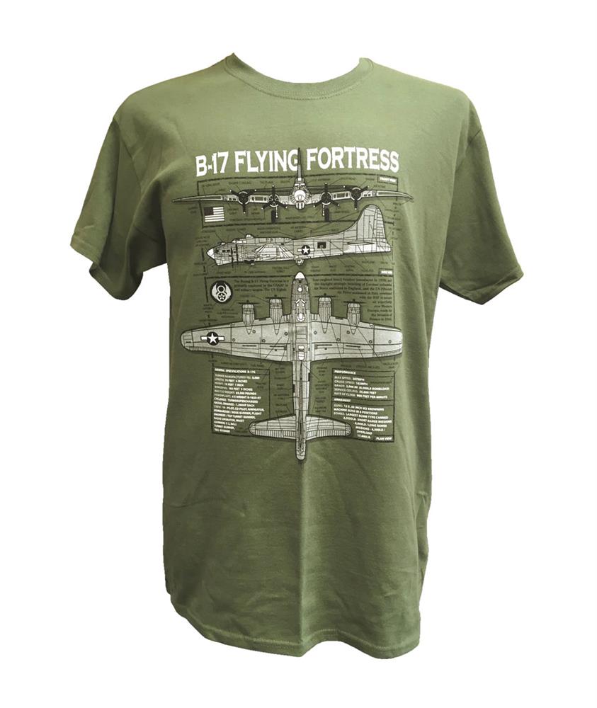 B-17 Flying Fortress Blueprint Design T-Shirt Olive Green LARGE - Click Image to Close