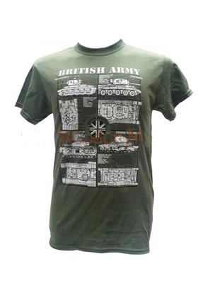 British Army Tanks Blueprint Design T-Shirt Olive Green SMALL - Click Image to Close