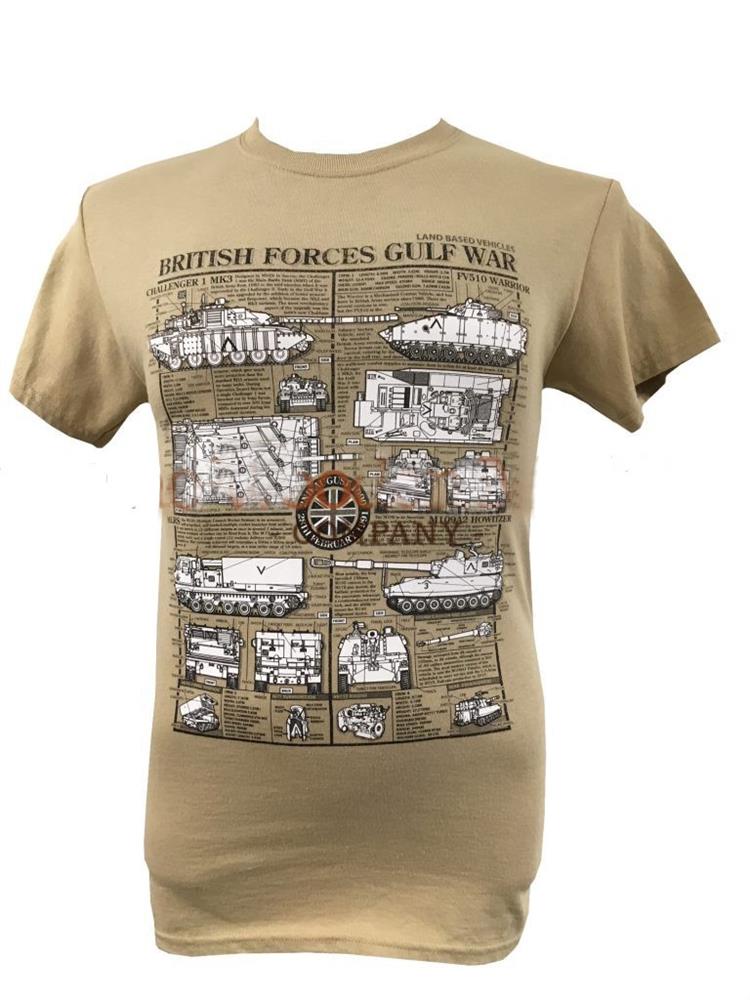 British Forces Gulf War Land Vehicles Blueprint Design T-Shirt Sand LARGE - Click Image to Close