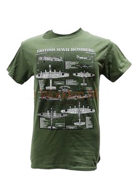 British WWII Bombers Blueprint Design T-Shirt Olive Green SMALL - Click Image to Close