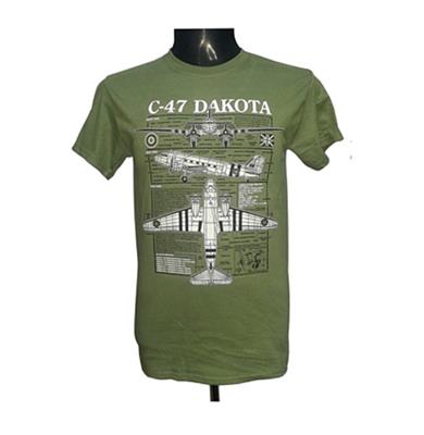 Dakota C-47 Skytrain Blueprint Design T-Shirt Olive Green MEDIUM - Click Image to Close
