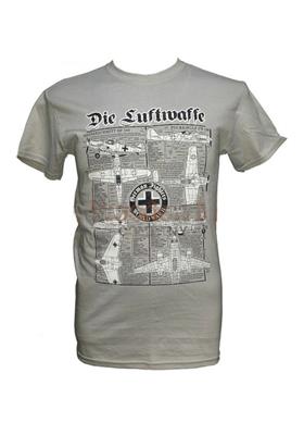 Die Luftwaffe - German WW2 Fighters Blueprint Design T-Shirt Grey LARGE - Click Image to Close