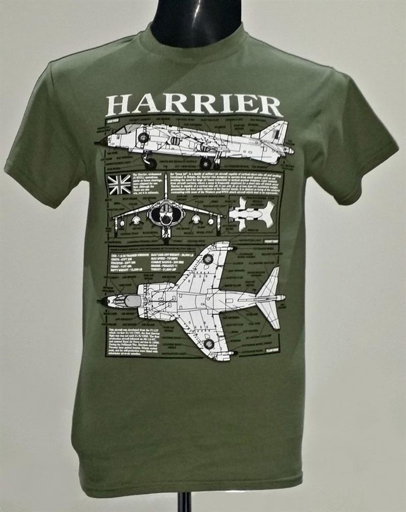 Hawker Siddeley Harrier Blueprint Design T-Shirt Olive Green SMALL - Click Image to Close