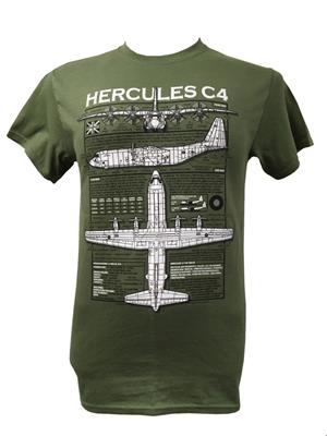 Lockheed C-130 Hercules Blueprint Design T-Shirt Olive Green LARGE - Click Image to Close