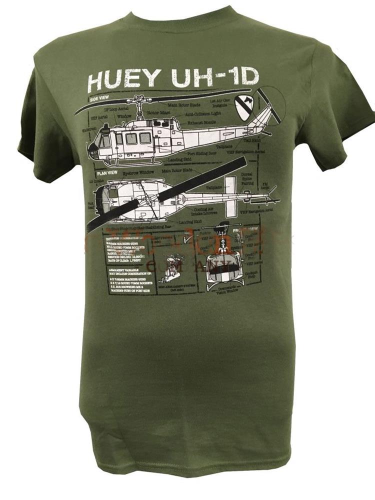 Huey UH-1D Helicopter Blueprint Design T-Shirt Olive Green SMALL - Click Image to Close
