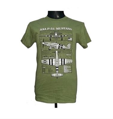P-51 Mustang Blueprint Design T-Shirt Olive Green LARGE - Click Image to Close