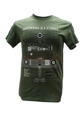 Sopwith Camel Blueprint Design T-Shirt Olive Green SMALL - Click Image to Close