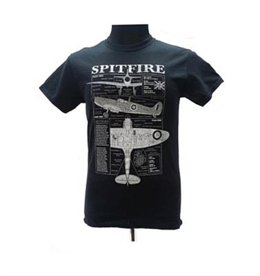 Spitfire Blueprint Design T-Shirt Black LARGE - Click Image to Close