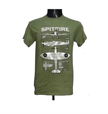 Spitfire Blueprint Design T-Shirt Olive Green SMALL - Click Image to Close