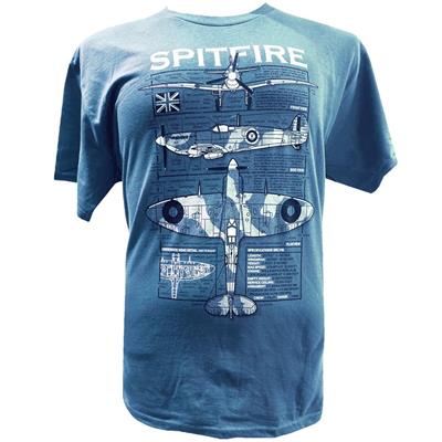 Spitfire Blueprint Design T-Shirt Blue MEDIUM - Click Image to Close