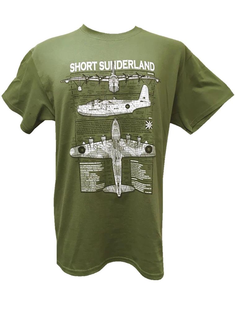 Short Sunderland S.25 Blueprint Design T-Shirt Olive Green MEDIUM - Click Image to Close