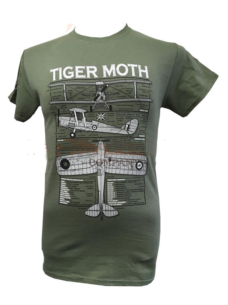Tiger Moth Blueprint Design T-Shirt Olive Green LARGE - Click Image to Close